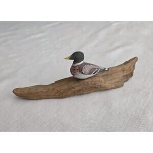 Carved Miniature Mallard Duck On Drift Wood Handmade Folk Art Nature Decoy